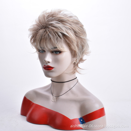 Wholesale heat resisitant short gold and  blonde fluffy deep wave fiber Synthetic hair wig for women